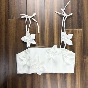 Elegant White Floral Women Crop Top, tie Straps, Smocked Back Bandeau size M